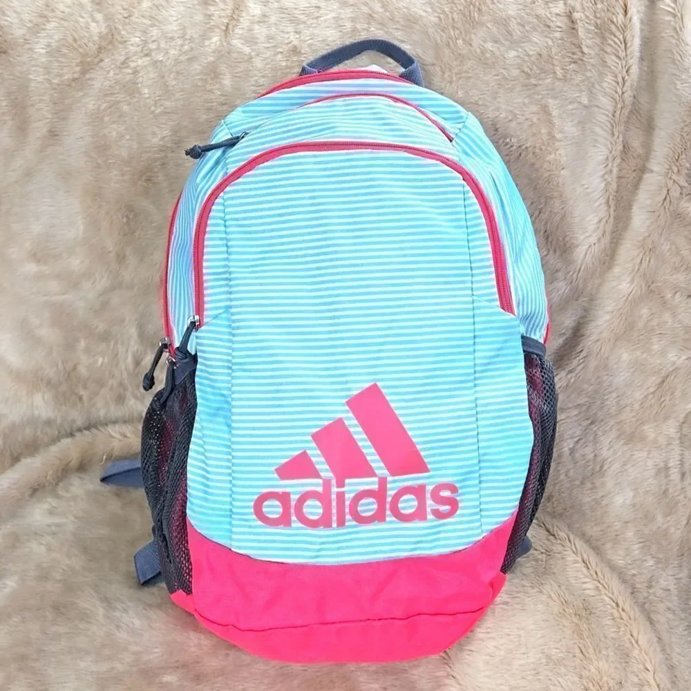 ADIDAS BTS CREATOR TURQUOISE AND WHITE STRIPED WITH PINK TRIM YOUTH BACKPACK